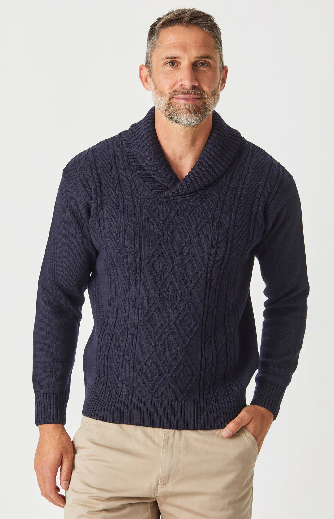 Aklanda - Aaron Cable Shawl-neck Sweater - Navy – Blowes Clothing