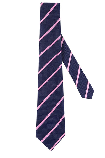 M.J. Bale - Britten Pencil Stripe Silk Tie - Navy with Pink